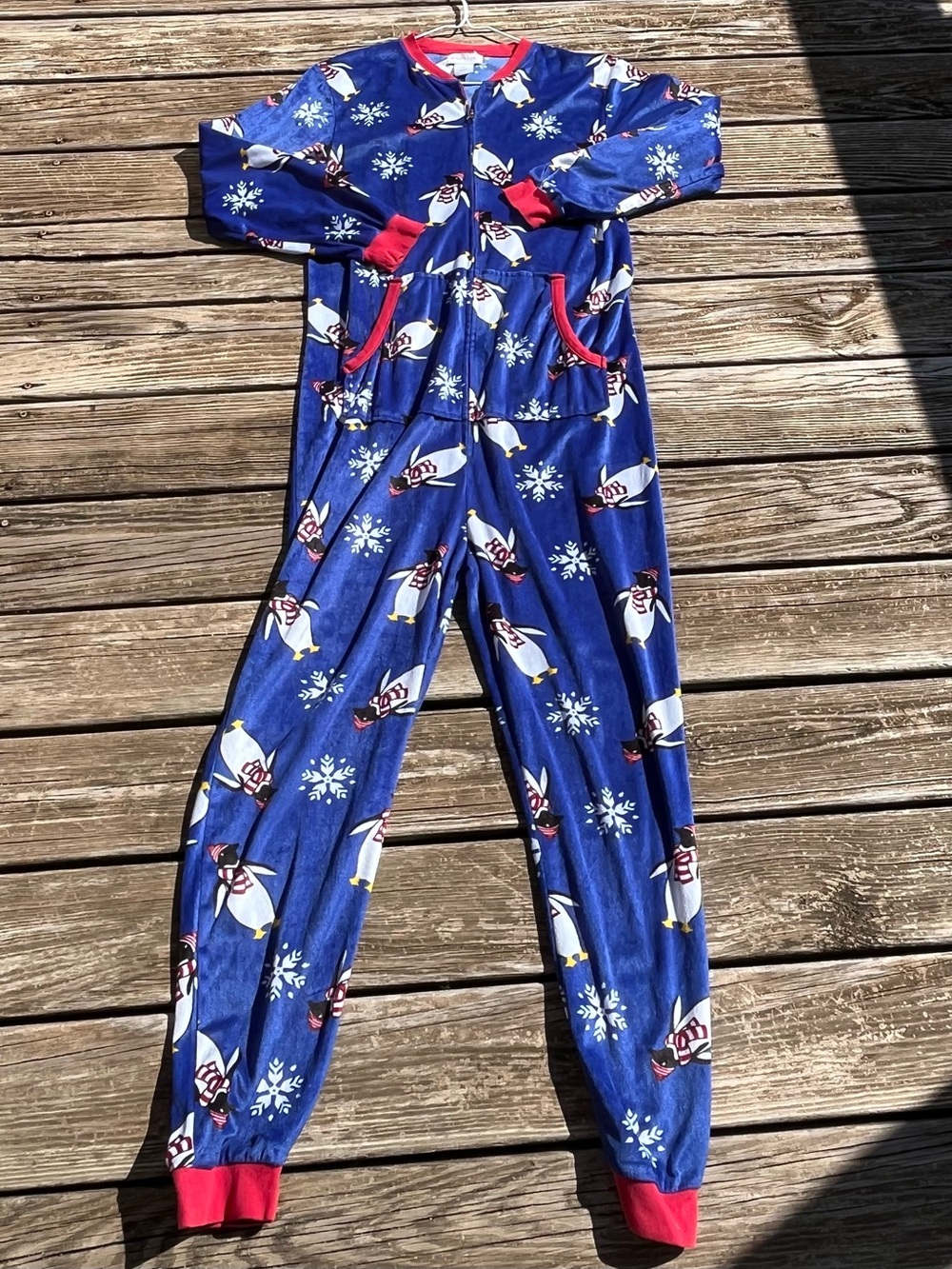 Women’s Blue Penguin Print Fleece Pajama Onesie with Red Trim